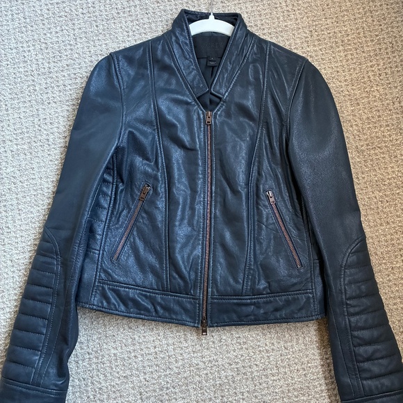 J.Crew Collection Standing-Collar Leather Moto Jacket – Navy Blue size 6 - Picture 4 of 4